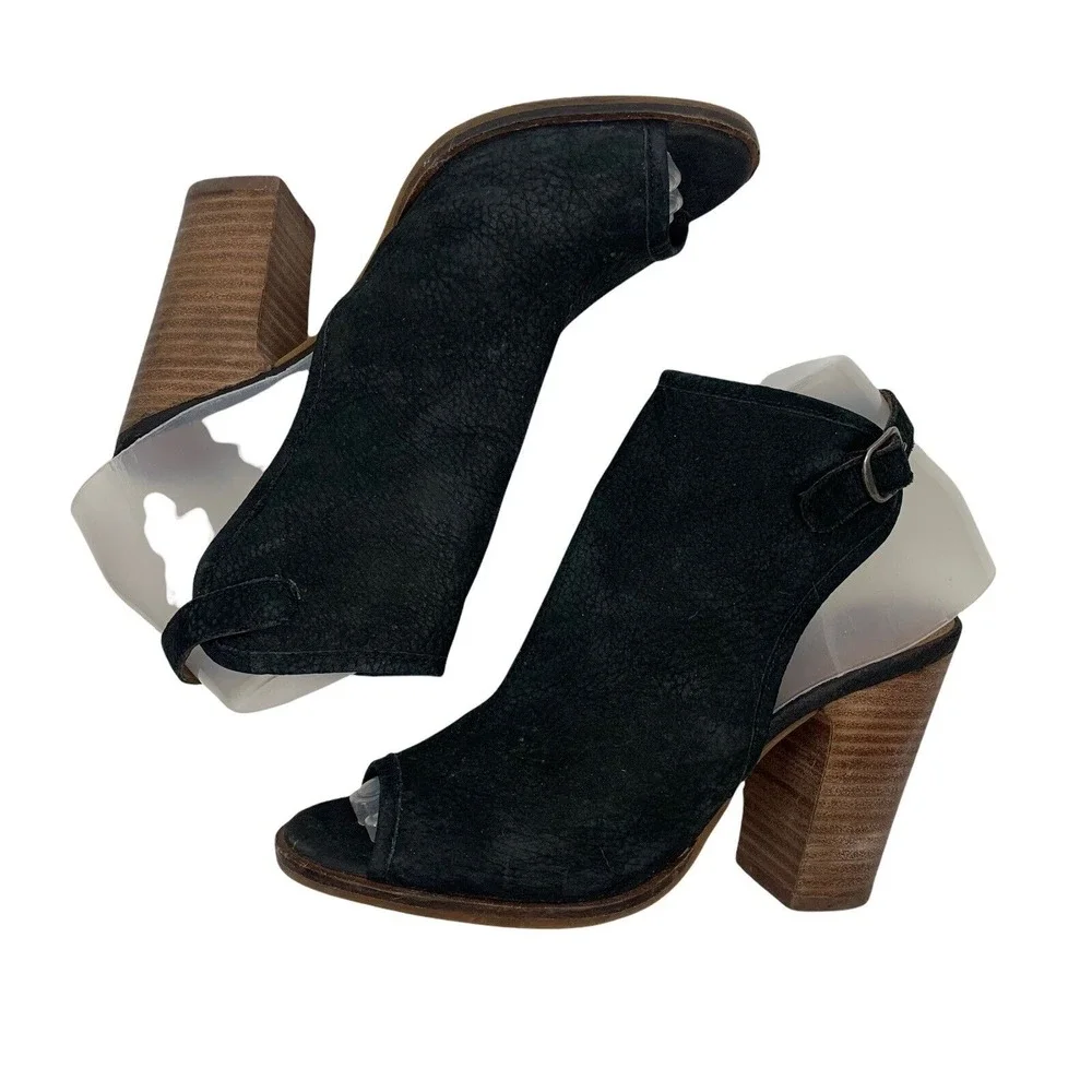 Lucky Brand 5.5 Lisza Bootie Peep Toe Slingback Stacked Block Heel Black Leather